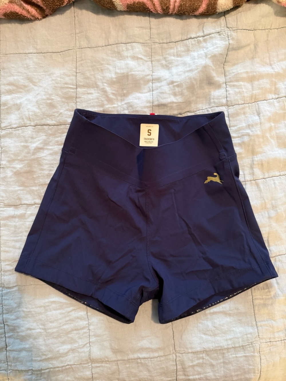 Tracksmith Navy Blue Athletic Shorts with Gold Logo